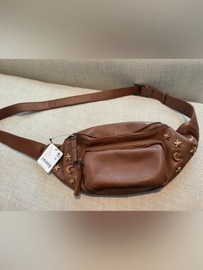 Free People: Brown Leather Crossbody Sling Bag with Star & Moon Studs (NWT)
